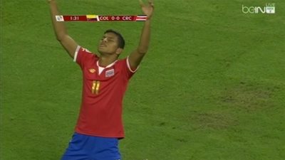 بالفيديو..فينيجاس لاعب كوستاريكا يسجل هدف رائع في شباك كولومبيا