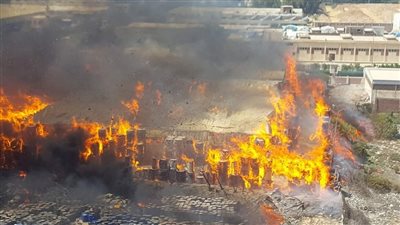 شاهد.. اللحظات الأولى للحريق الهائل في  مصنع كارتون برج العرب (فيديو)