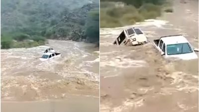 شاهد.. السيول تجرف السيارات في جازان 