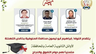محافظ المنوفية يهنئ أوائل الثانوية العامة بالمحافظة هاتفيا