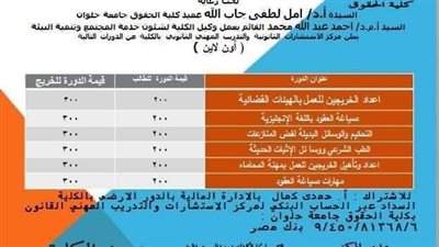  حقوق حلوان تعلن عن دورات تدريبية للعمل بالهيئات القضائية والمحاماه