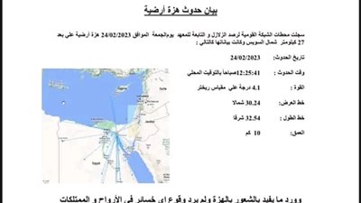 حدث منذ قليل: زلزال بقوة 4.1 ريختر وقع بشمال السويس