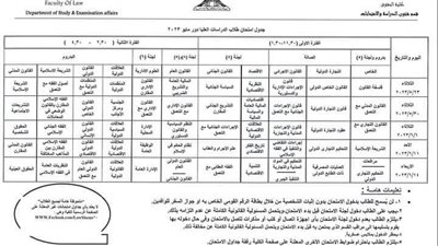 جدول امتحانات الدراسات العليا بـ كلية الحقوق جامعة عين شمس