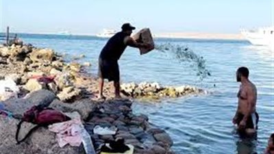مواطن يلقي الزجاجات الفارغة في مياه البحر بالغردقة.. ما القصة؟