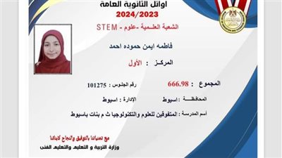 الطالبة فاطمة أيمن حمودة ابنة أسيوط تحصل على المركز الأول على مستوى الجمهورية في الثانوية العامة عن مدارس المتفوقين  