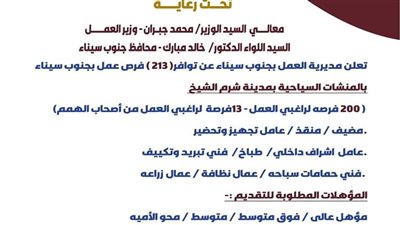 مديرية العمل بجنوب سيناء تعلن عن فرص عمل بالمنشآت السياحية في شرم الشيخ 