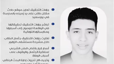 جهات التحقيق تأمر بحبس المتهم بقتل زميله داخل مدرسة ببورسعيد 4 أيام علي ذمة التحقيق