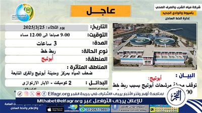 انقطاع المياه عن مركز ومدينة أبوتيج بأسيوط لمدة 3 ساعات غدا 