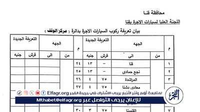 ننشر تعريفة الركوب المقترحة لمركز الوقف في محافظة قنا 
