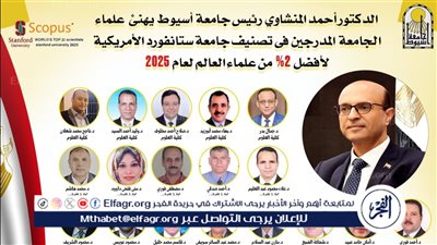 إدراج 44 عالمًا من جامعة أسيوط ضمن قائمة ستانفورد الأمريكية لأفضل 2% من علماء العالم
