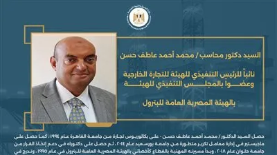 حركة تنقلات جديدة بوزارة البترول..تشهد تعيين المحاسب محمد احمد عاطف نائبًا للرئيس التنفيذي للهيئة المصرية العامة للبترول للتجارة الخارجية 