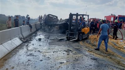 تصادم مروع واشتعال سيارتين نقل على الطريق الإقليمي بالقليوبية وإصابة شخصين