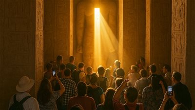 تعامد الشمس يضيء وجه رمسيس الثاني بأبو سمبل وسط أجواء احتفالية وسياحية مبهرة