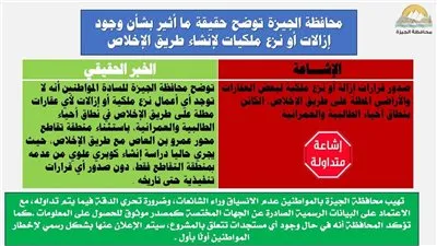 محافظة الجيزة توضح حقيقة وجود إزالات أو نزع ملكيات لإنشاء طريق الإخلاص