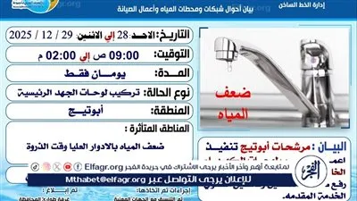 مياه أسيوط تعلن عن ضعف المياه بالادوار العليا بأبوتيج لمدة يومان غدا 