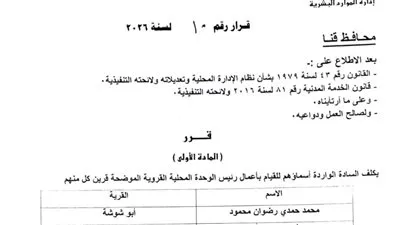 محافظ قنا يعتمد حركة تنقلات جديدة لرؤساء الوحدات المحلية القروية بمراكز المحافظة