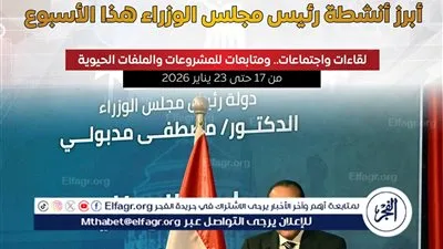 عاجل- المركز الإعلامي لمجلس الوزراء يستعرض أبرز أنشطة رئيس مجلس الوزراء خلال الأسبوع