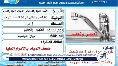 ضعف المياه عن الأدوار العليا بمركز ومدينةالقوصية فى أسيوط لمدة 3 أيام