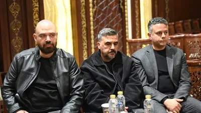 خالد تاج الدين ووليد سعد ووسام عبد المنعم في عزاء والد الموزع أحمد إبراهيم