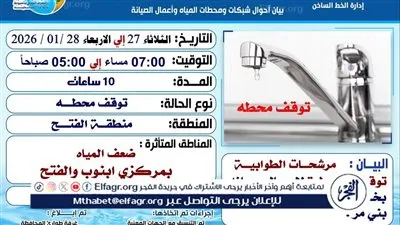 مياه أسيوط: ضعف المياه بمركزي أبنوب والفتح لمدة 10 ساعات 