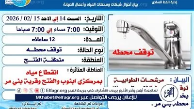 انقطاع المياه عن مركزي أبنوب والفتح فى أسيوط اليوم 
