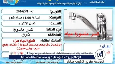 انقطاع المياه عن منطقة الوليدية بحى شرق وقرى بحرى مركز أسيوط مساء اليوم 