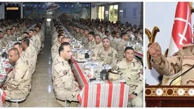  وزير الدفاع والإنتاج الحربى يلتقى مقاتلى الجيش الثالث الميدانى وقوات شرق القناة لمكافحة الإرهاب ويشاركهم تناول وجبة الإفطار